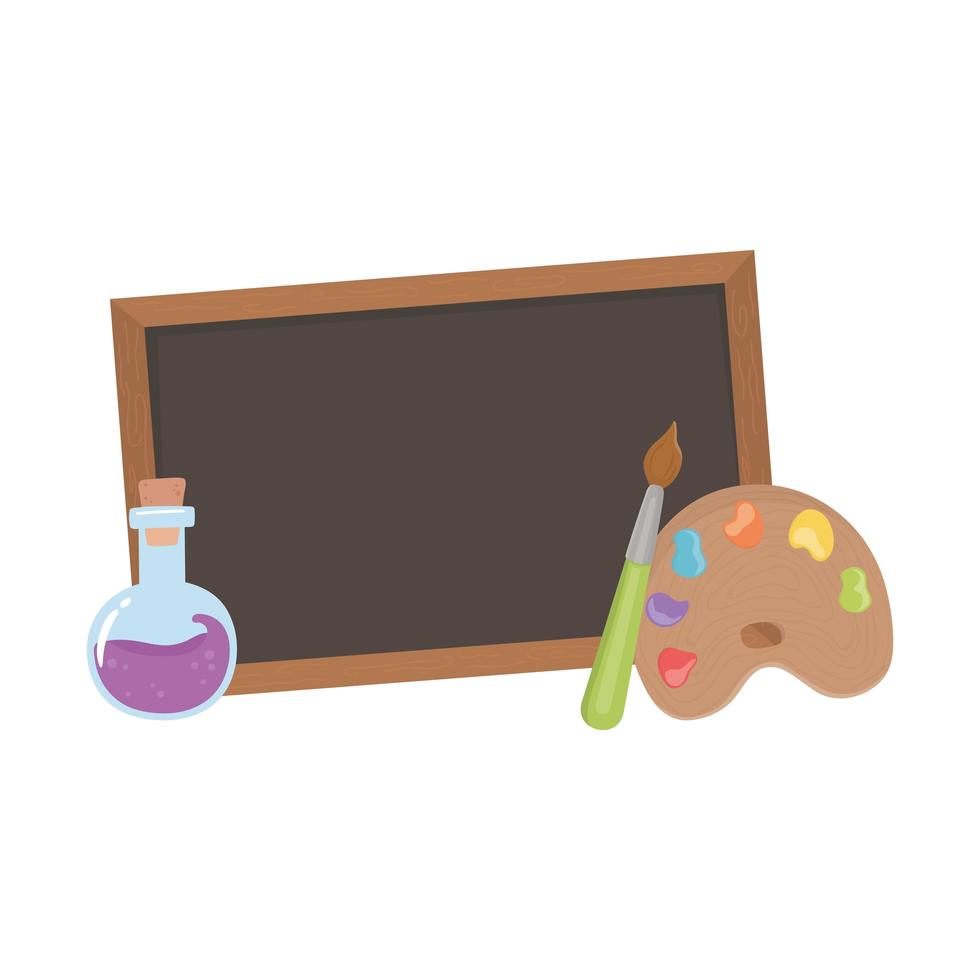 regreso a la escuela, tubo de ensayo de pizarra y dibujos animados educativos de paleta de colores vector