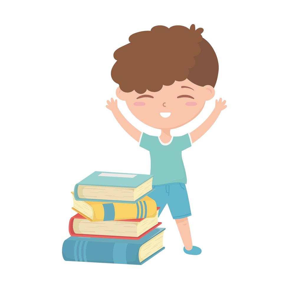 back to school, student boy with stack of books education cartoon vector