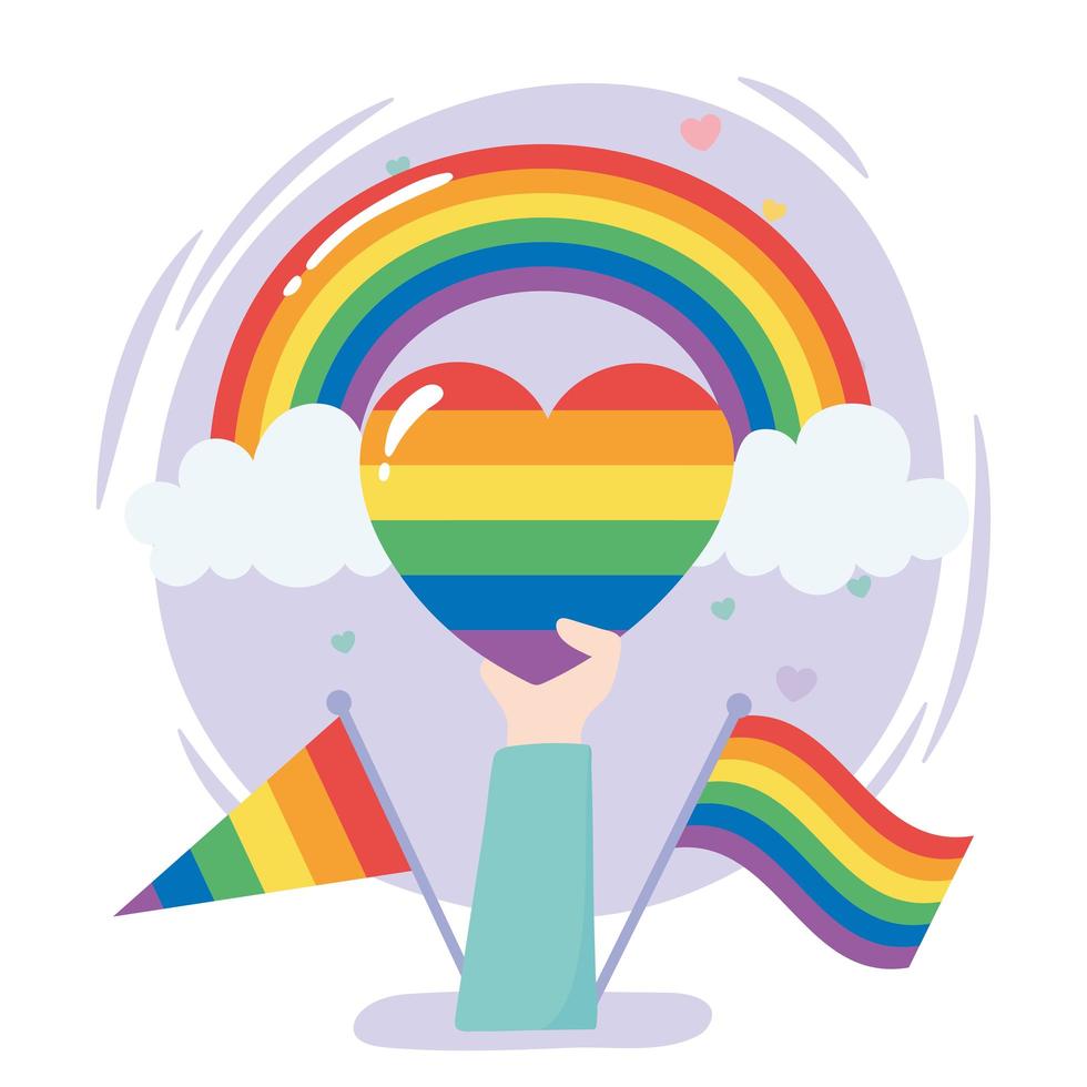 LGBTQ community, hand with rainbow heart flags gay parade sexual discrimination protest vector