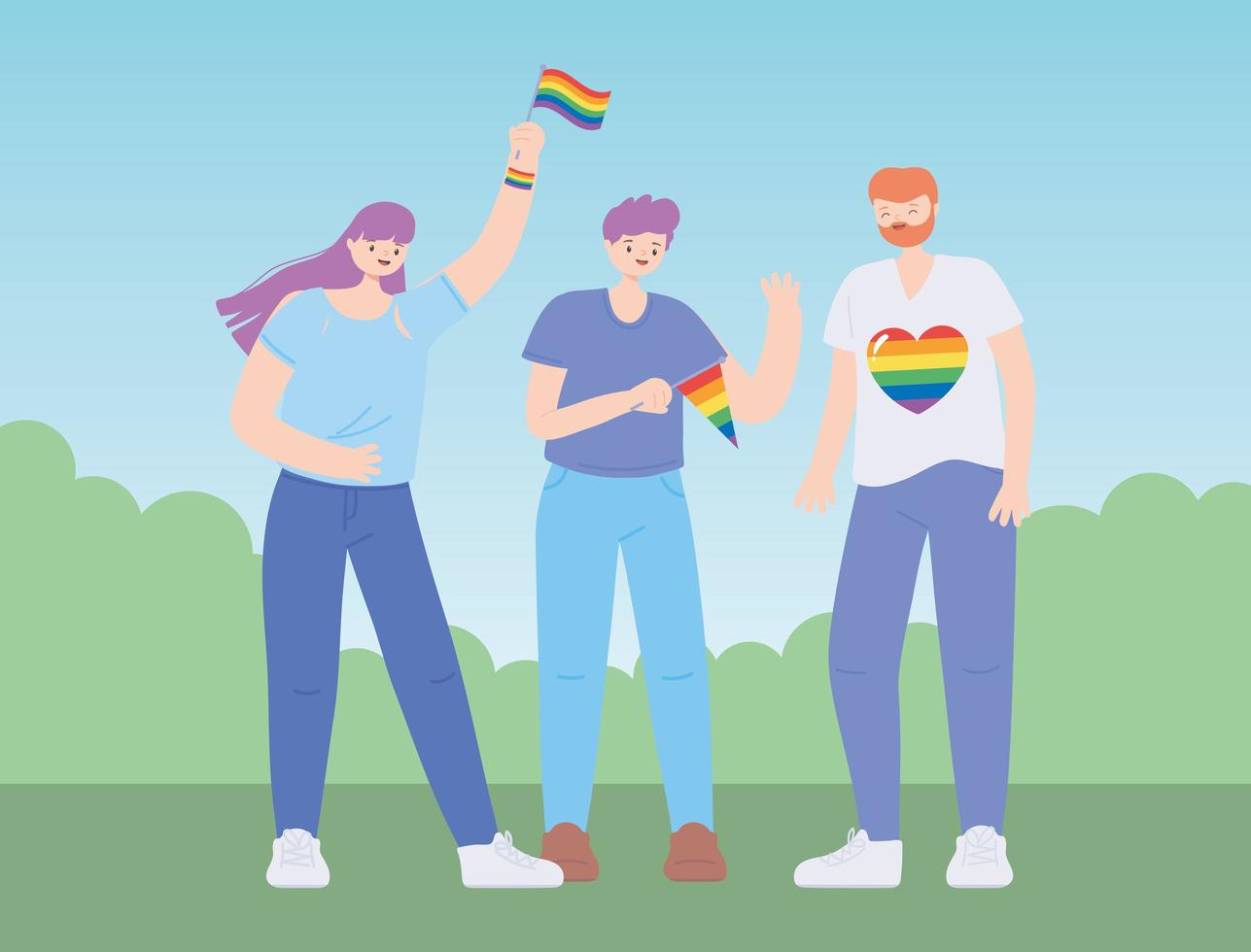 LGBTQ community, happy group people with rainbow flags, gay parade sexual discrimination protest vector