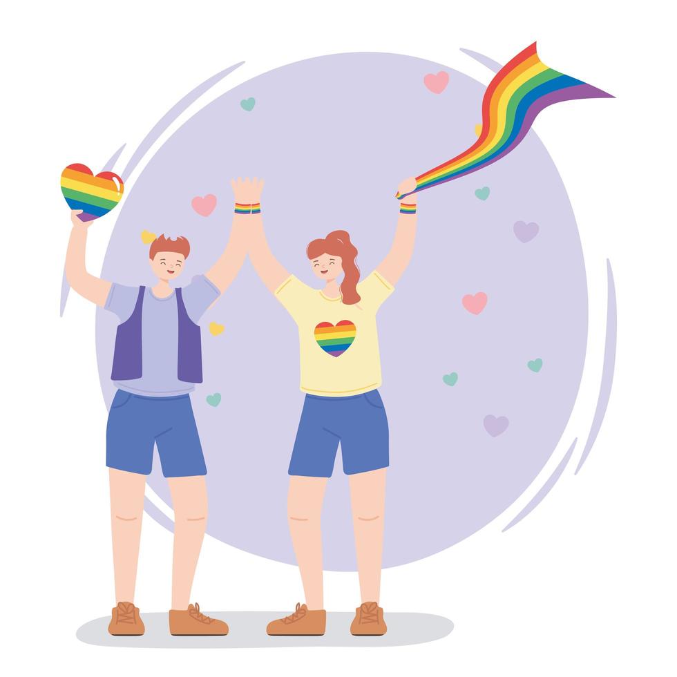 LGBTQ community, happy man and woman with rainbow flags, gay parade sexual discrimination protest vector