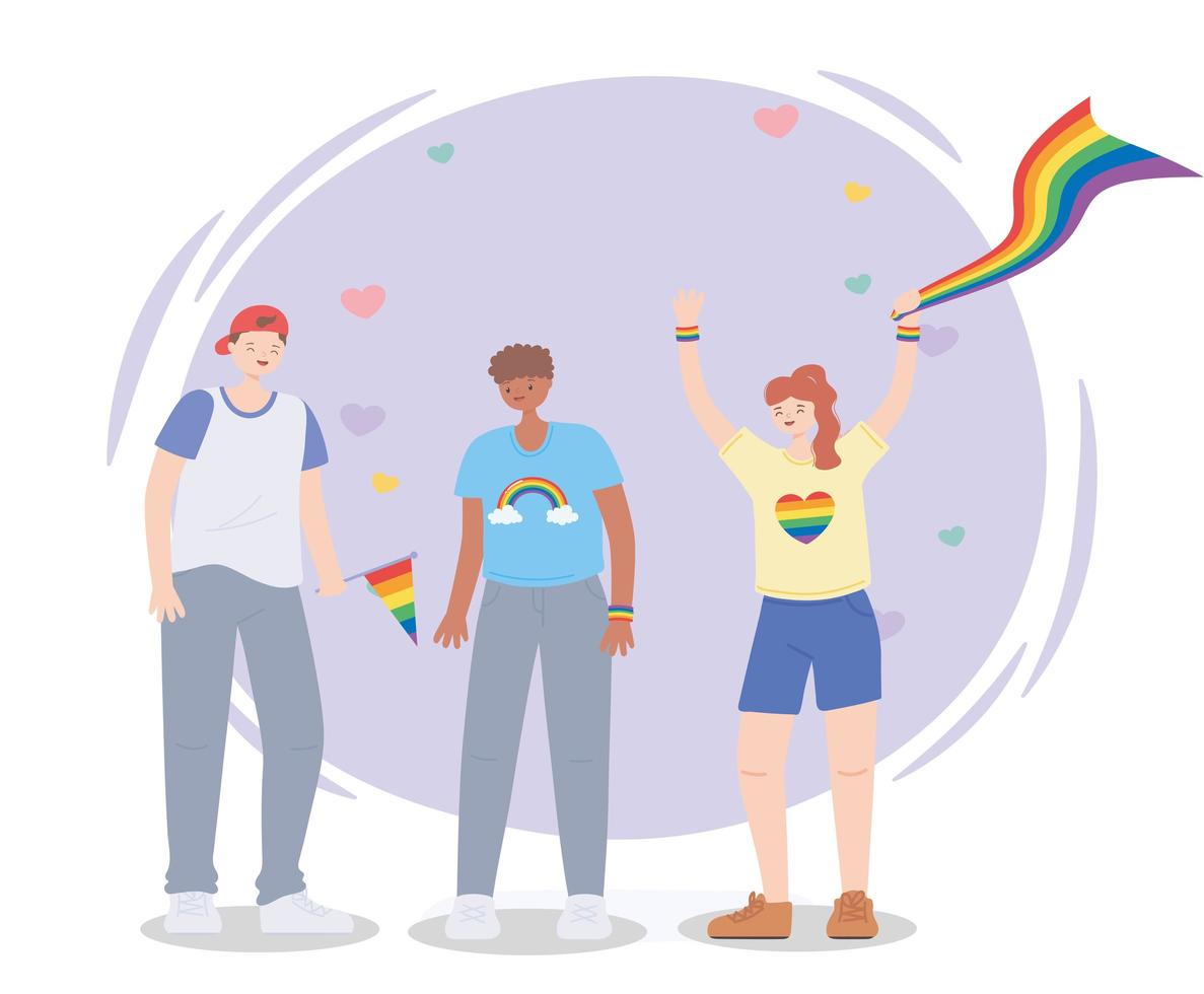 homosexualidad lgbtq y protestas comunitarias personas con banderas del arco iris vector