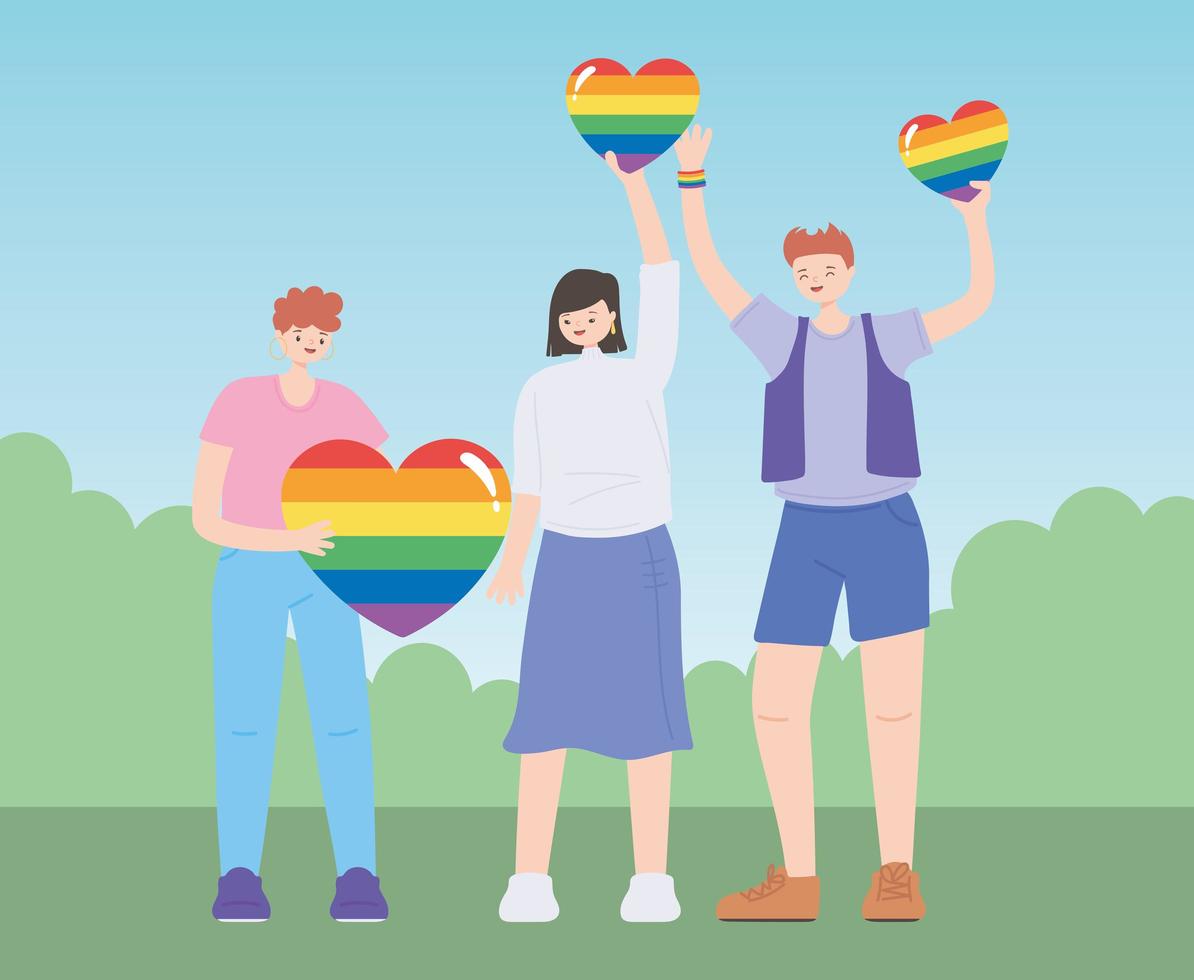 comunidad lgbtq, grupo diverso con corazones de arcoíris, desfile gay protesta por discriminación sexual vector