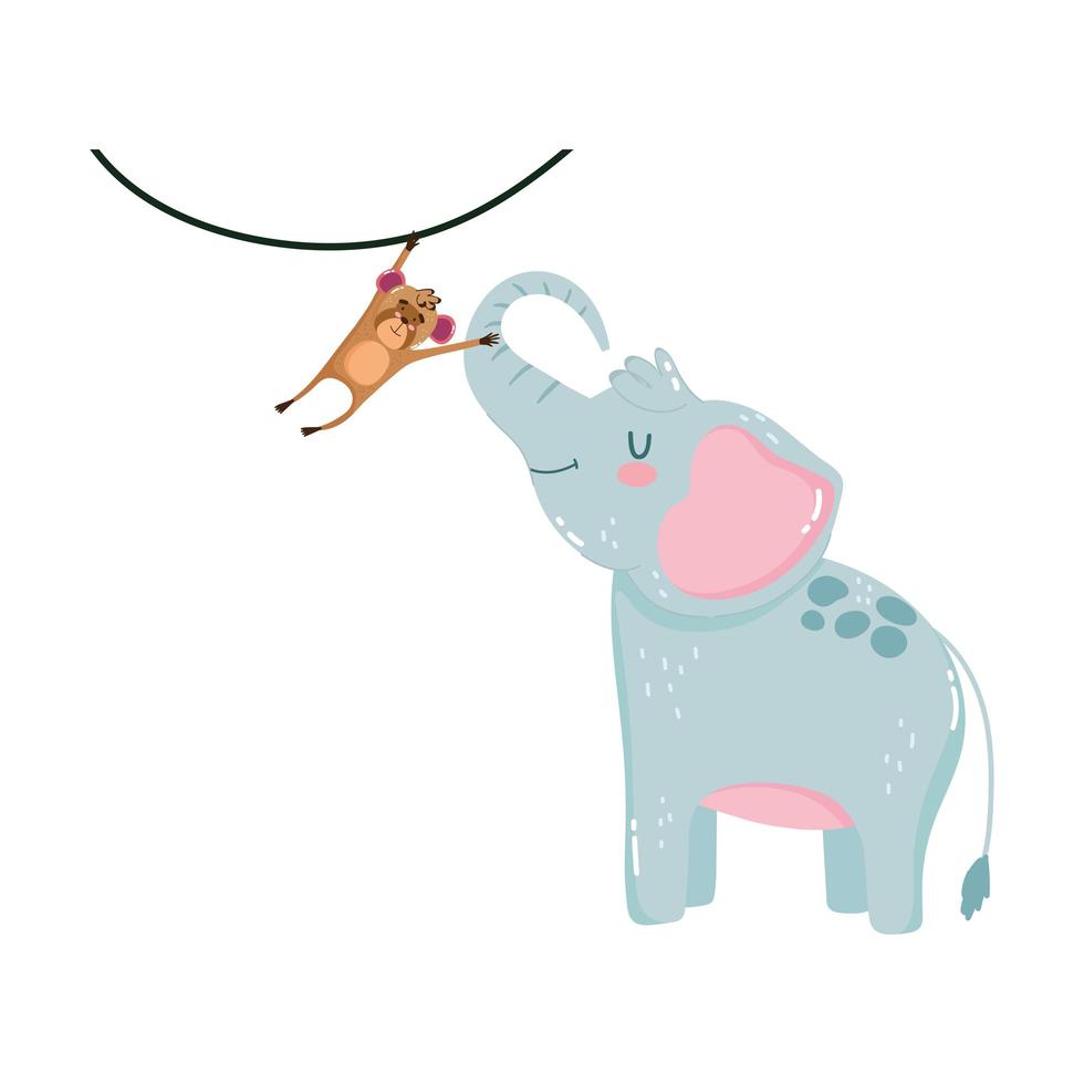 Animales lindos elefante y mono colgante de dibujos animados diseño de icono aislado fondo blanco. vector