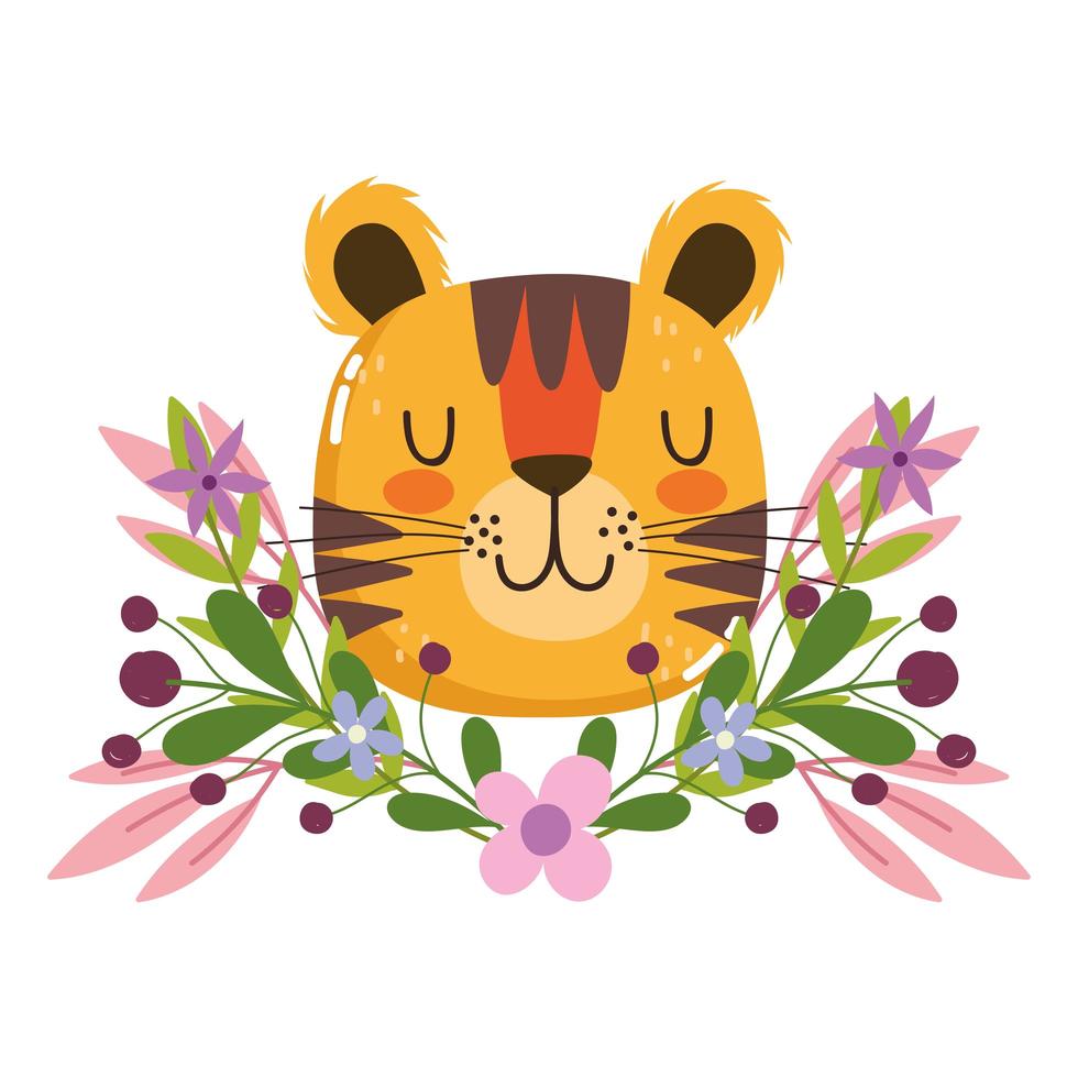lindo tigre cabeza animal flores follaje naturaleza decoración dibujos  animados 1847267 Vector en Vecteezy