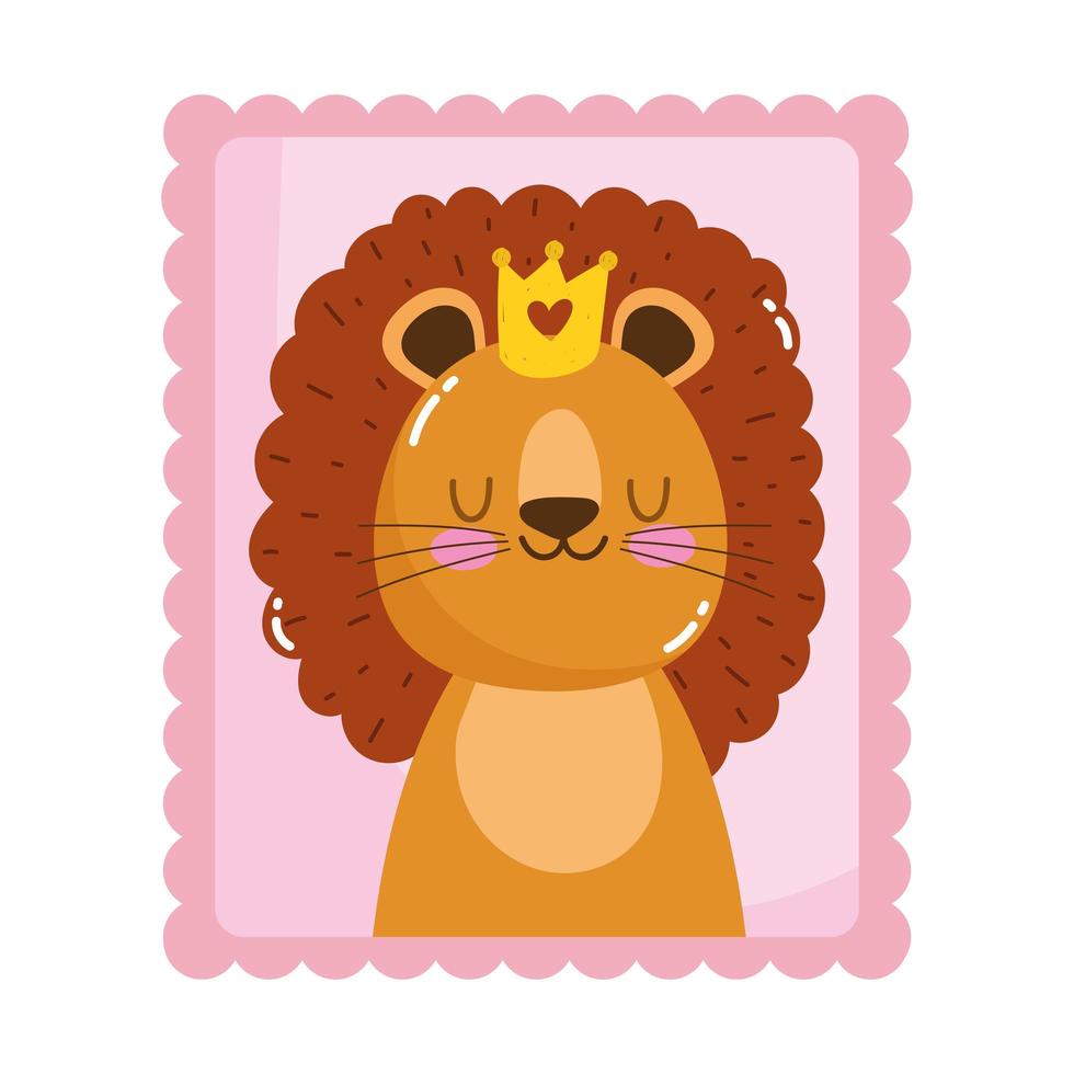 Lindo pequeño león con corona de animales de dibujos animados sello de correo postal vector