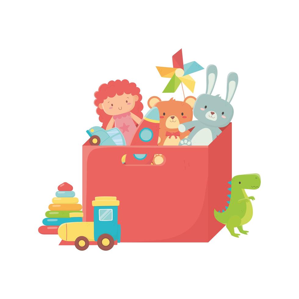 juguetes para niños caja roja con muñeca conejo oso tren coche y dinosaurio objeto divertido dibujo animado vector