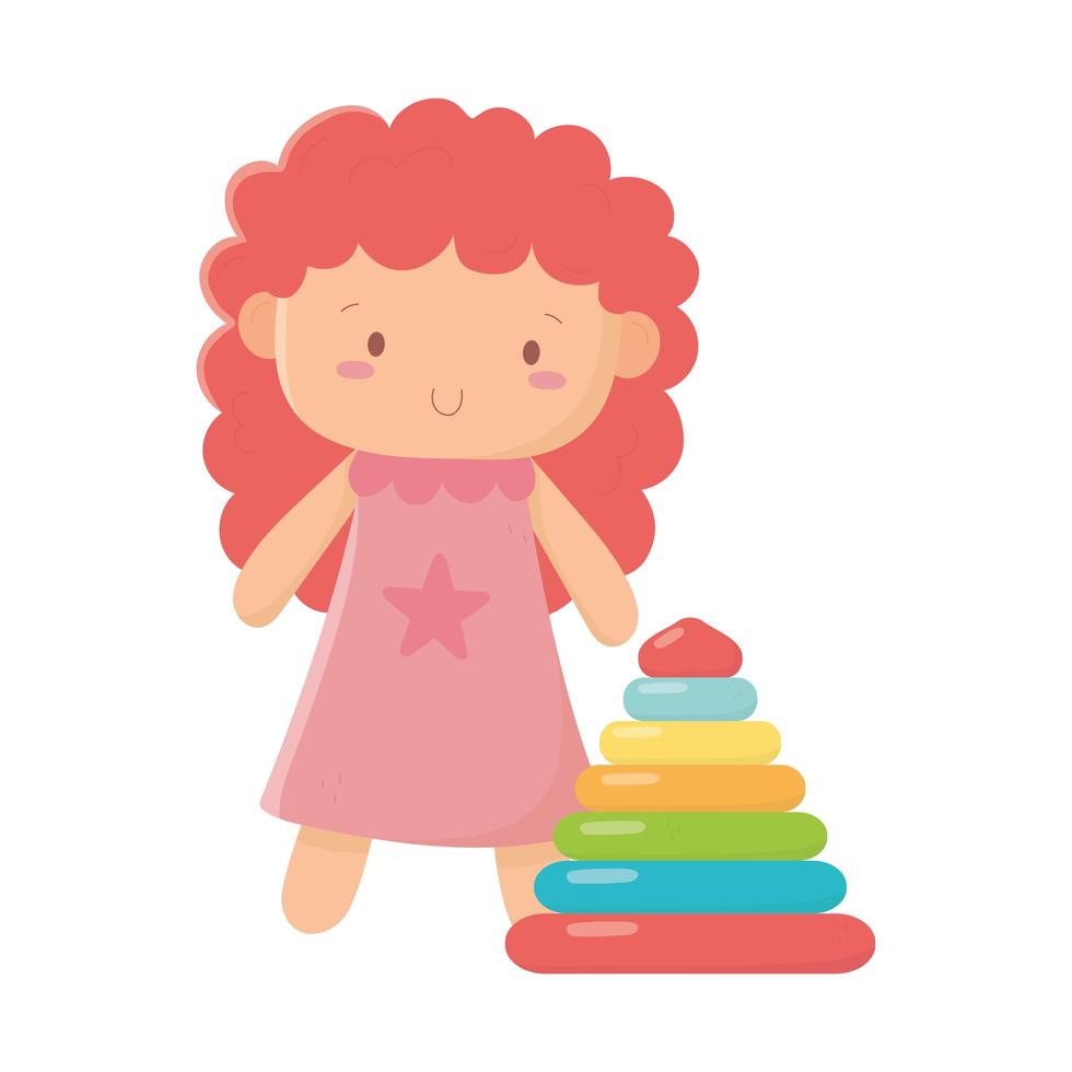 juguetes para niños muñeca pequeña y objeto piramidal dibujos animados divertidos vector