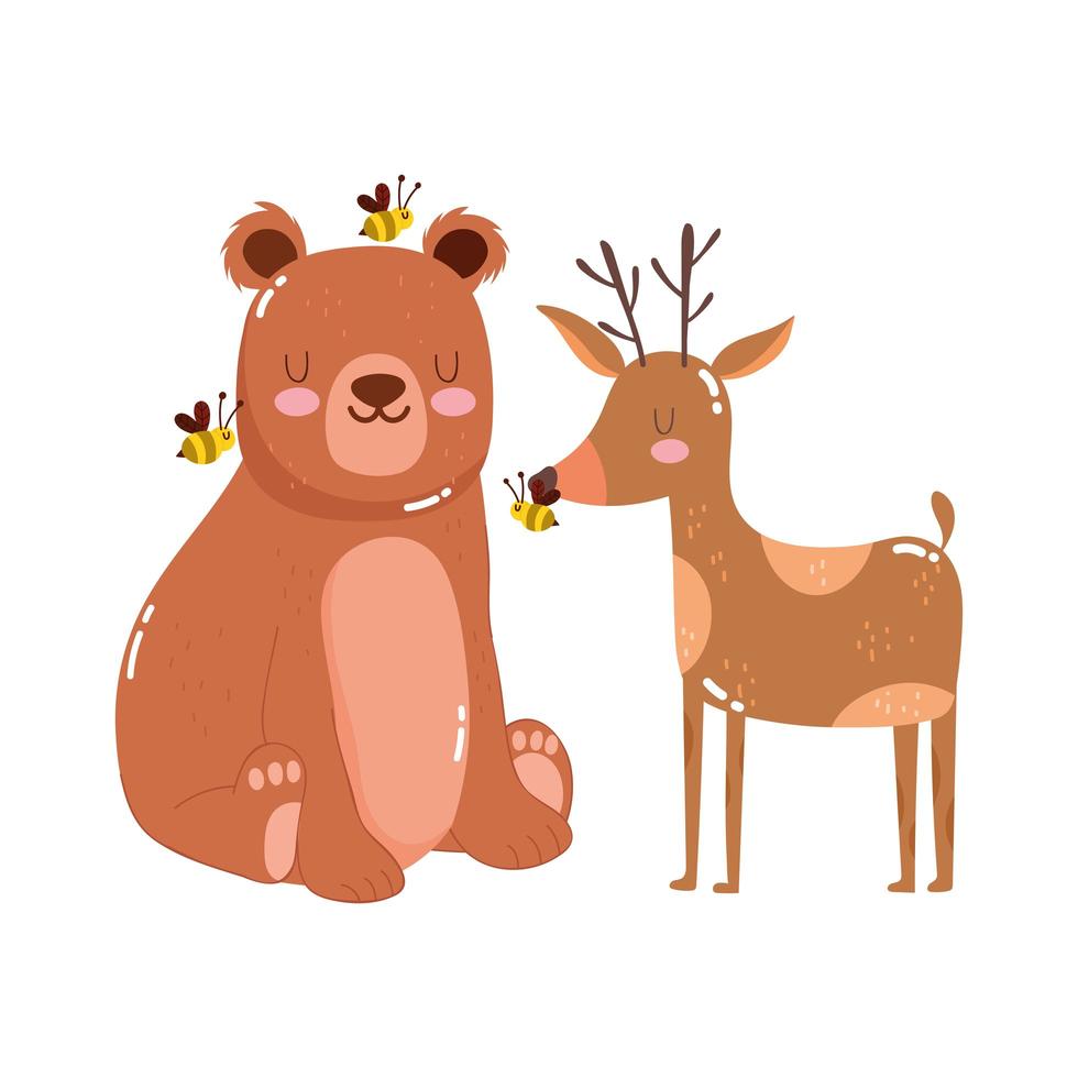 cute animals bear with bees and reindeer nature wild cartoon vector