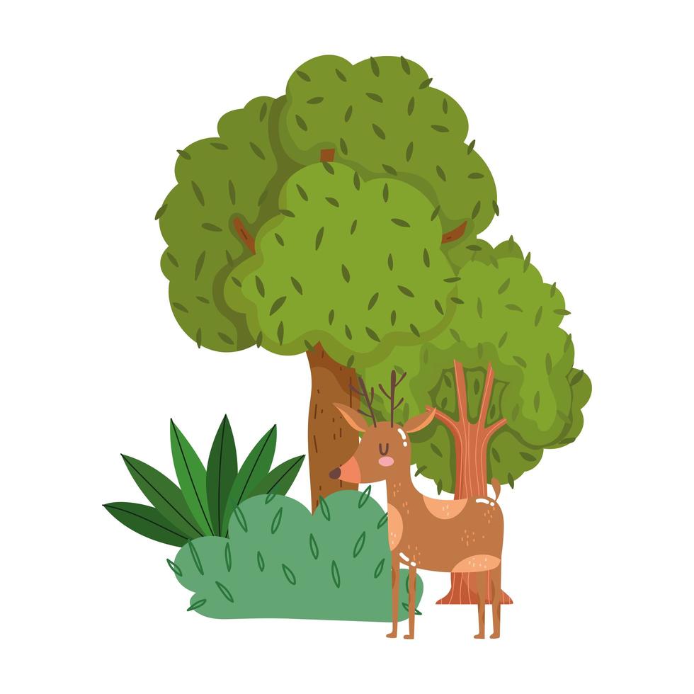 cute animals reindeer grass tree foliage nature wild cartoon vector