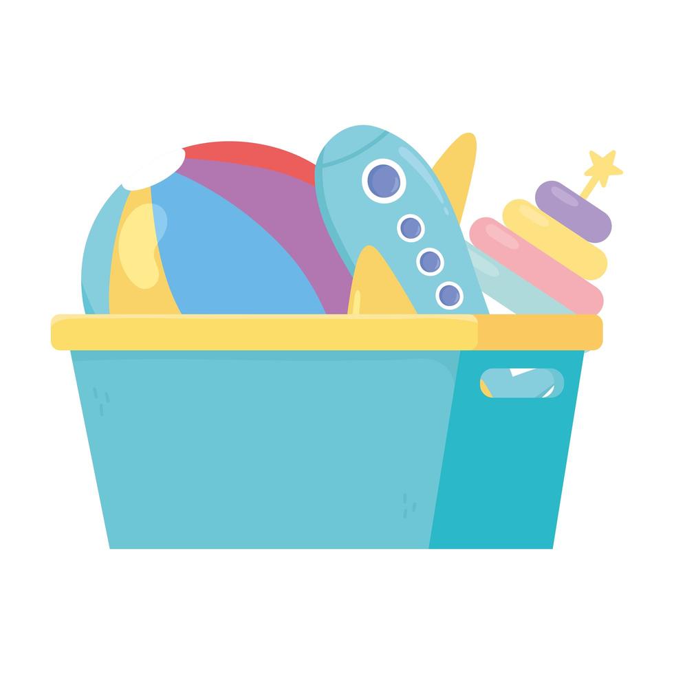 kids toys bucket with plane ball and pyramid isolated icon design white background vector