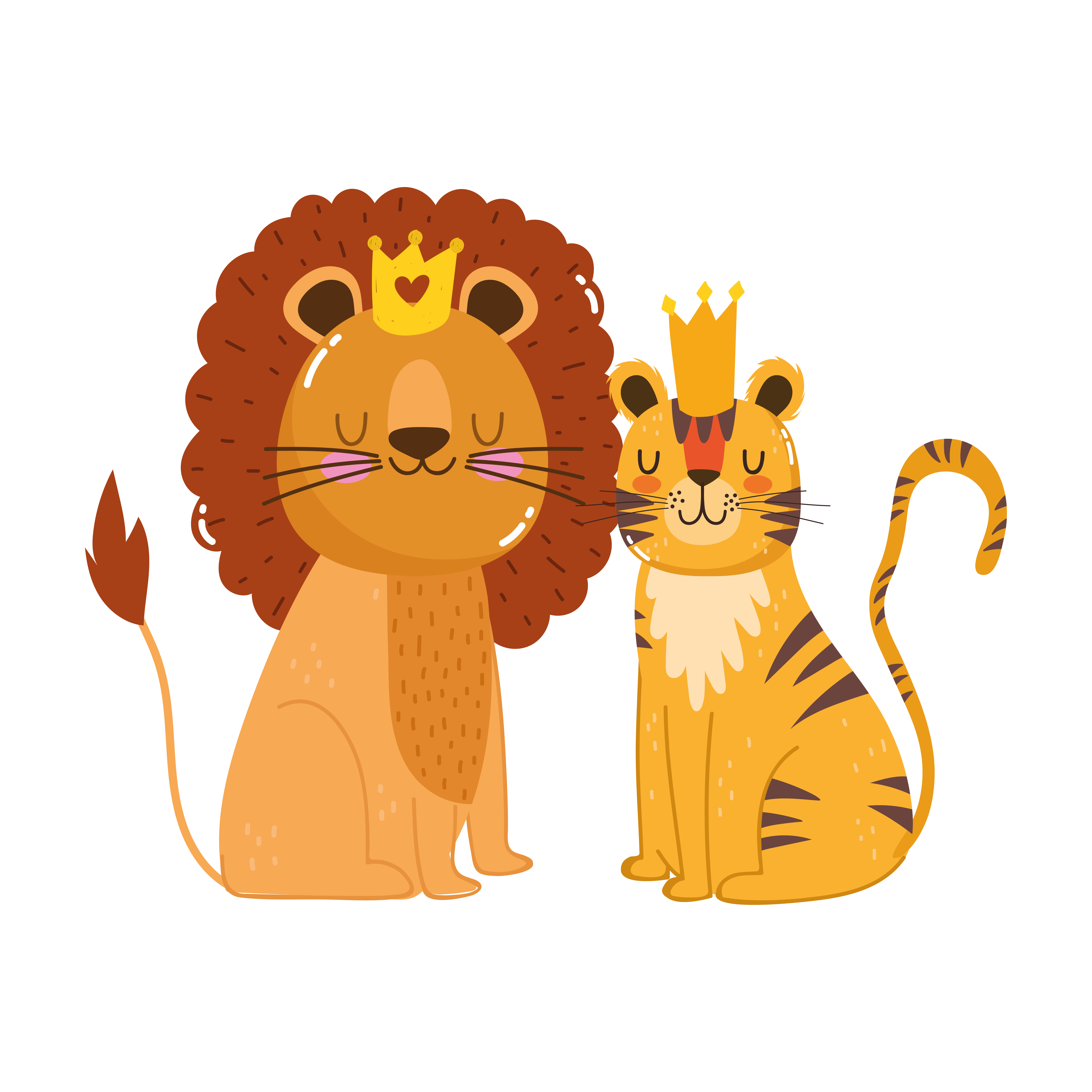 cute animals lion with crown and tiger nature wild cartoon 1847299 Vector  Art at Vecteezy