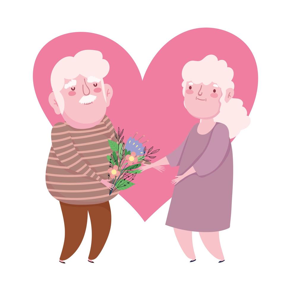 happy grandparents day, old grandfather giving flower to grandma cartoon heart love romantic vector