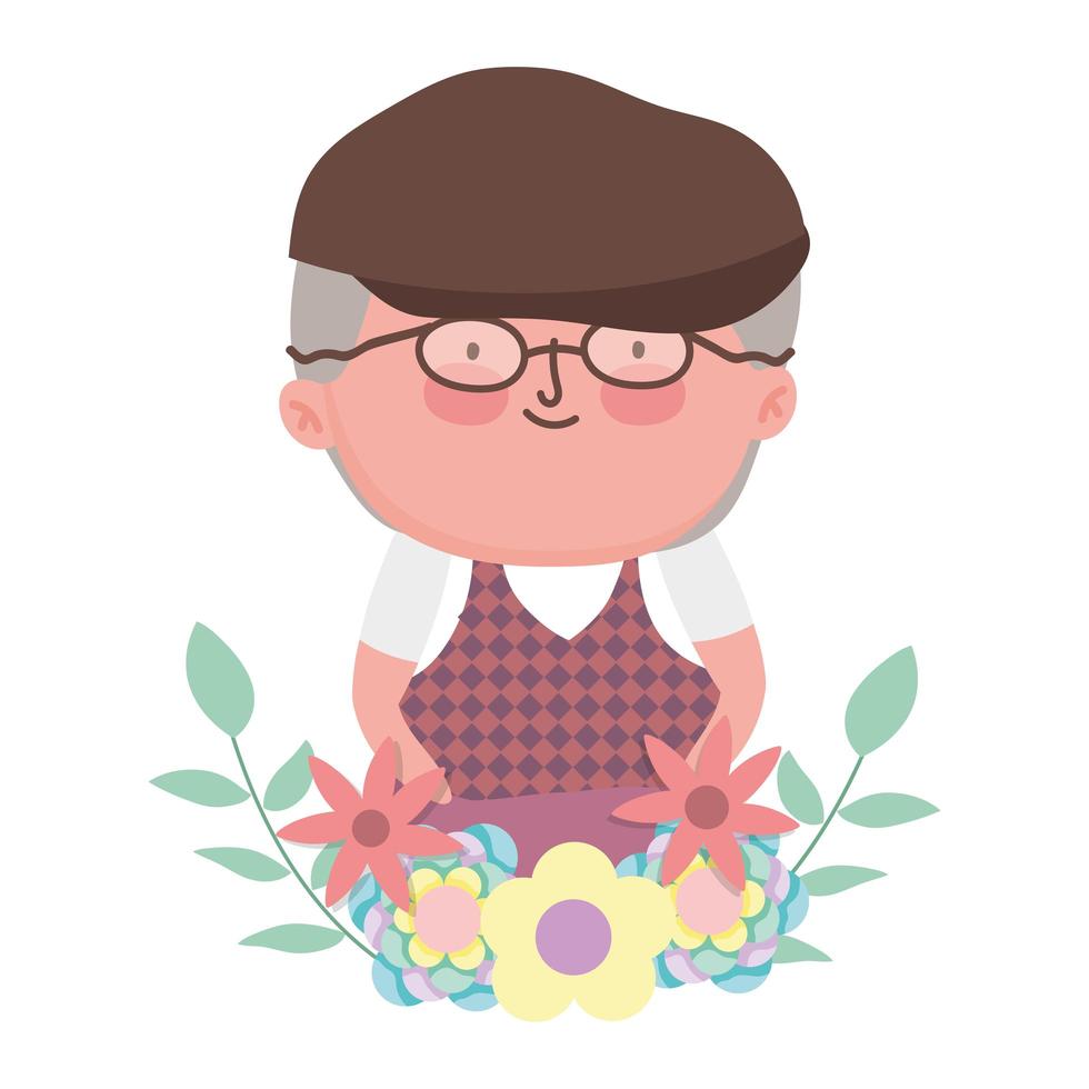 día de los abuelos, lindo abuelo personaje de dibujos animados flores follaje decoración vector