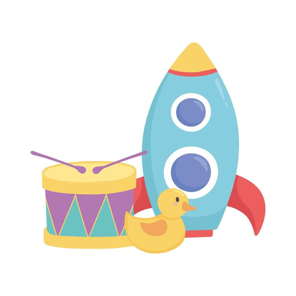 kids toys rocket duck and drum object amusing cartoon vector