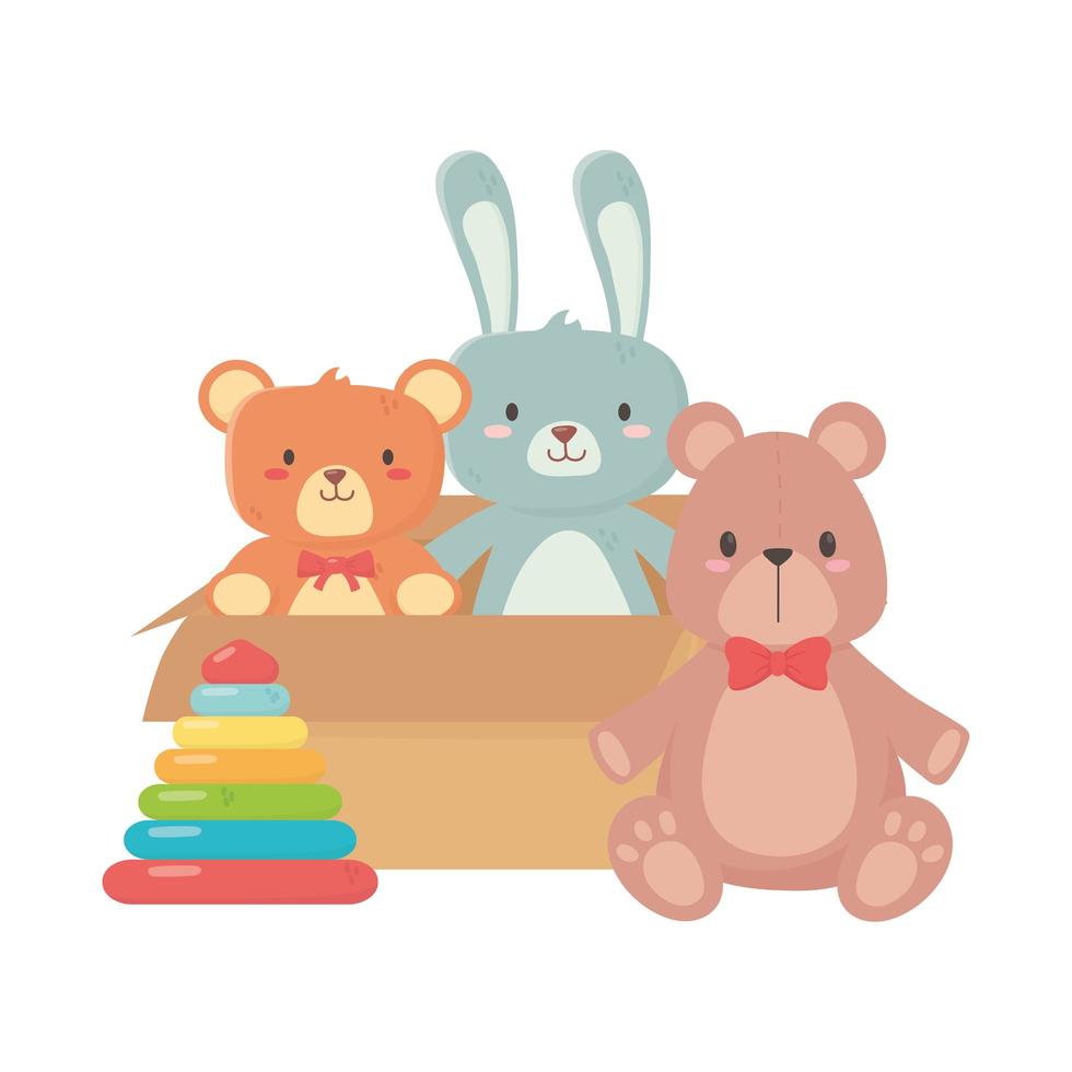 kids toys box with cute bears rabbit and pyramid object amusing cartoon vector