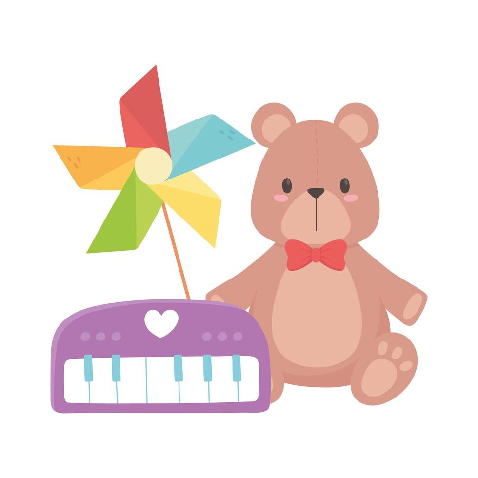 kids toys object amusing cartoon piano pinwheel and teddy bear vector