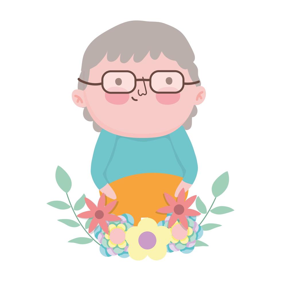 grandparents day, cute grandfather cartoon character flowers foliage decoration vector