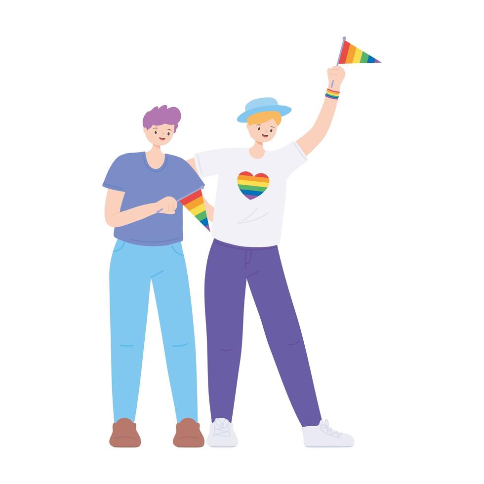 orgullo de la comunidad lgbtq, hombres jóvenes con diseño de icono aislado de la bandera del arco iris vector