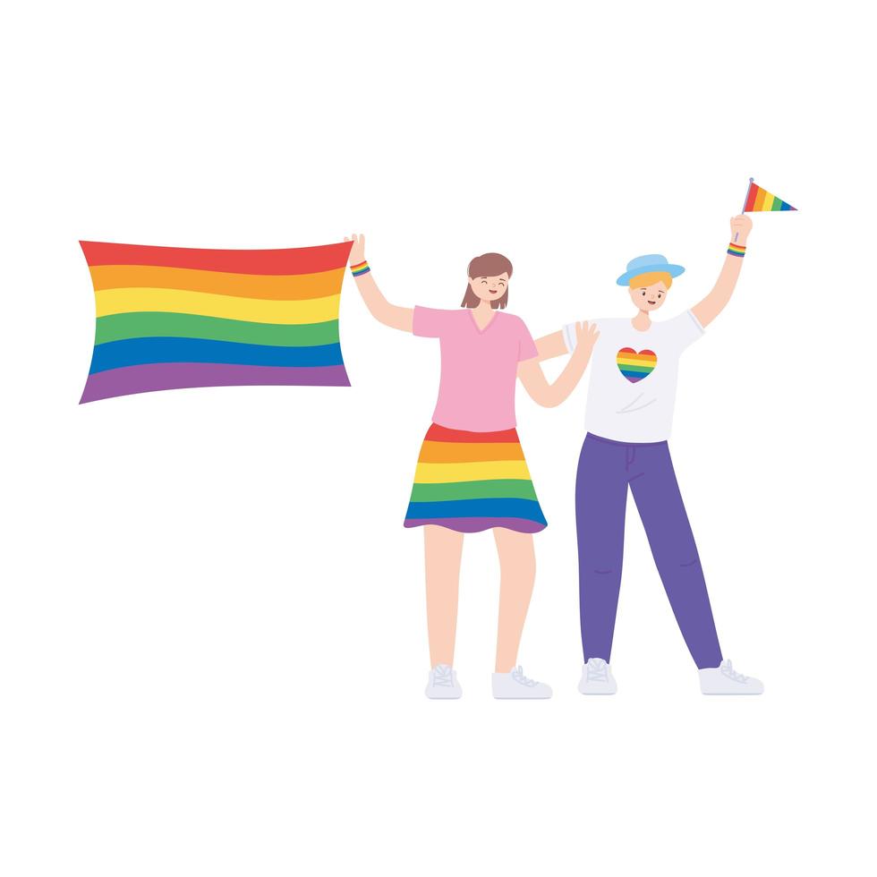 LGBTQ community, people with clothes and flags rainbow color, gay parade sexual discrimination protest vector