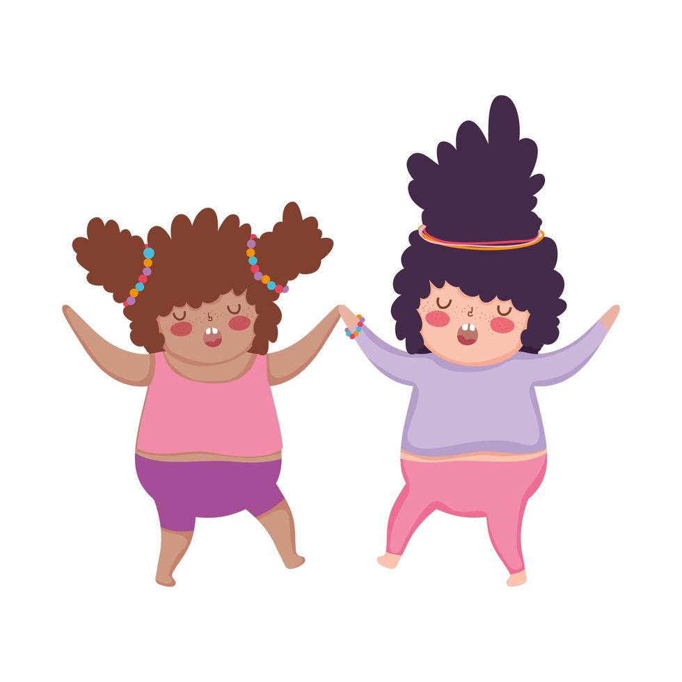 kids cartoon happy little girls curly hairs characters vector