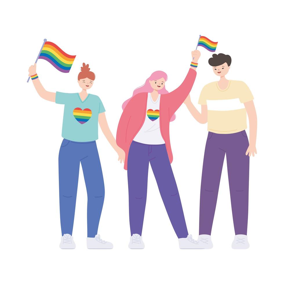 LGBTQ community, activists participating in lgbtq pride with rainbow flags vector