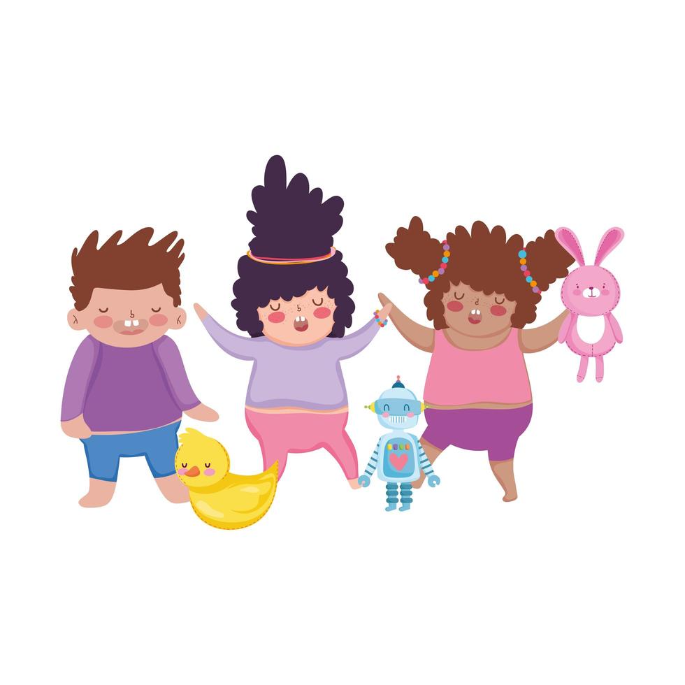 objeto de juguetes para que los niños pequeños jueguen dibujos animados, niñas y niños con robot conejo y pato vector