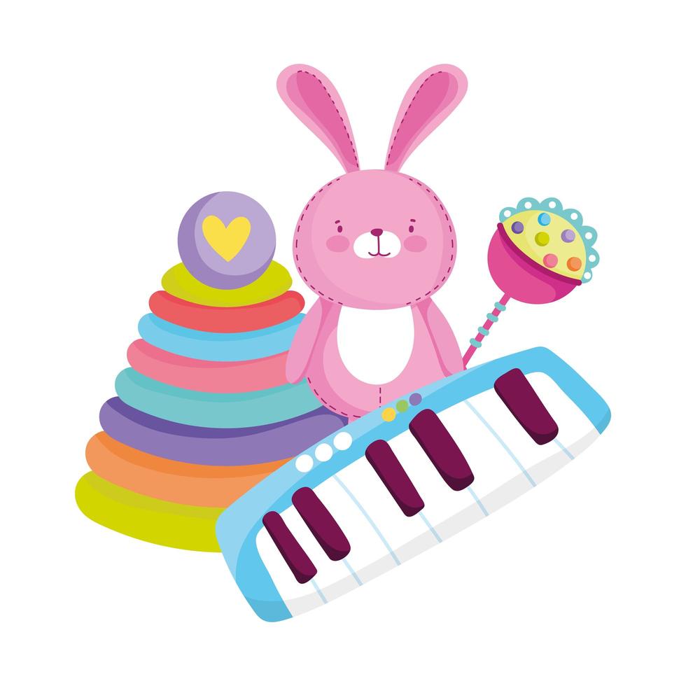 objeto de juguetes para que los niños pequeños jueguen pirámide de dibujos animados conejo y piano vector