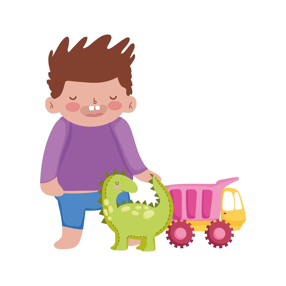 toys object for small kids to play cartoon, boy with dinosaur and truck vector