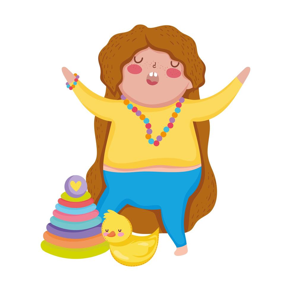 toys object for small kids to play cartoon, little girl with duck and pyramid vector