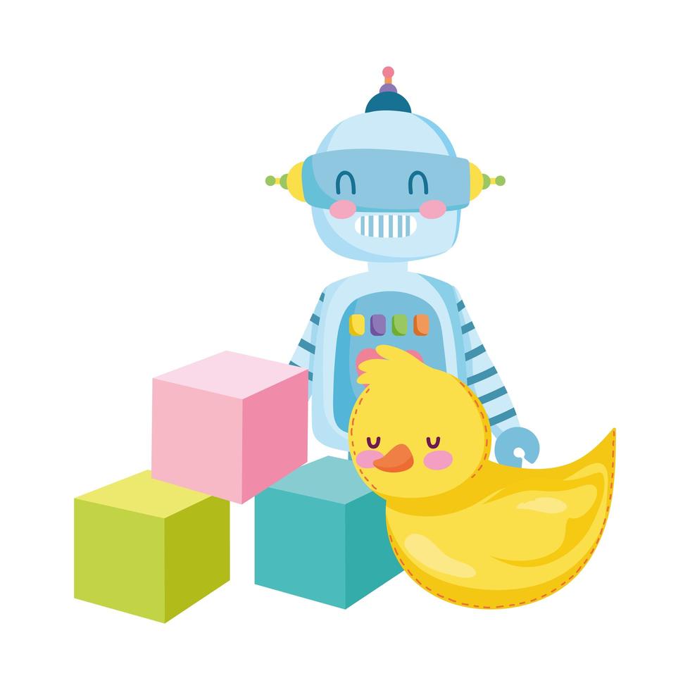 toys object for small kids to play cartoon, rubber duck robot and cubes vector