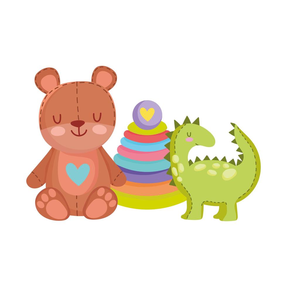 toys object for small kids to play cartoon, cute teddy bear dinosaur and pyramid vector