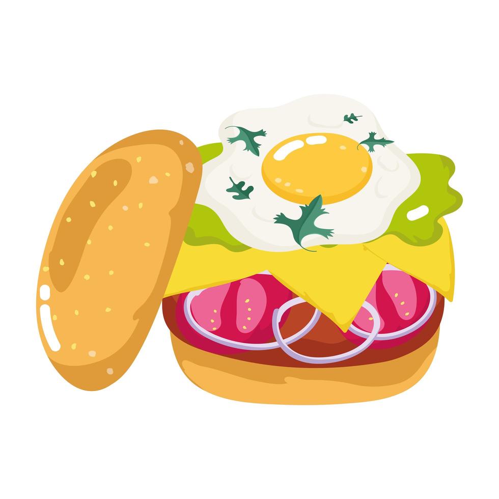 Hamburguesa de comida rápida con huevo queso tomate icono aislado fondo blanco. vector