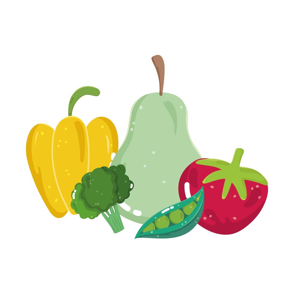 comida verduras y frutas pera pimiento tomate brócoli y guisantes menú dieta fresca ingrediente vector