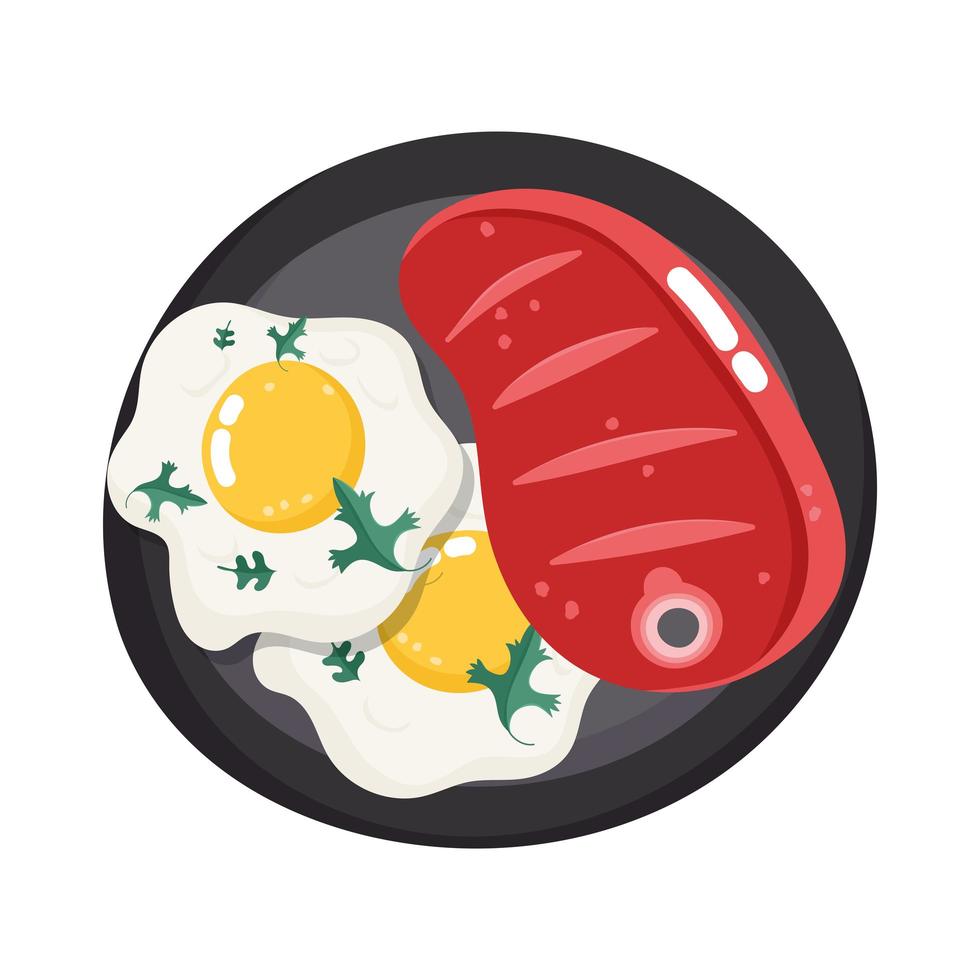 menú de cena de comida filete de ternera de dibujos animados fresco y huevos fritos en un plato vector