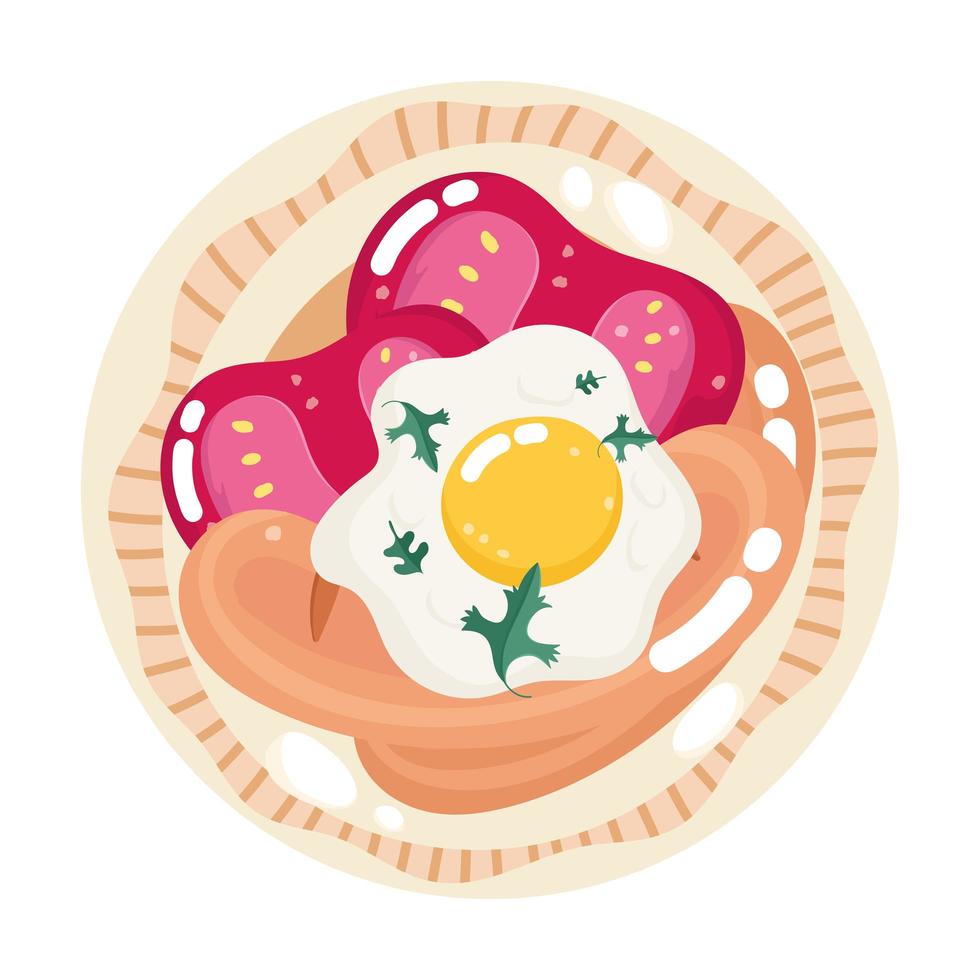 comida cena menú dibujos animados frescos huevo frito salchichas y tomates en plato vector