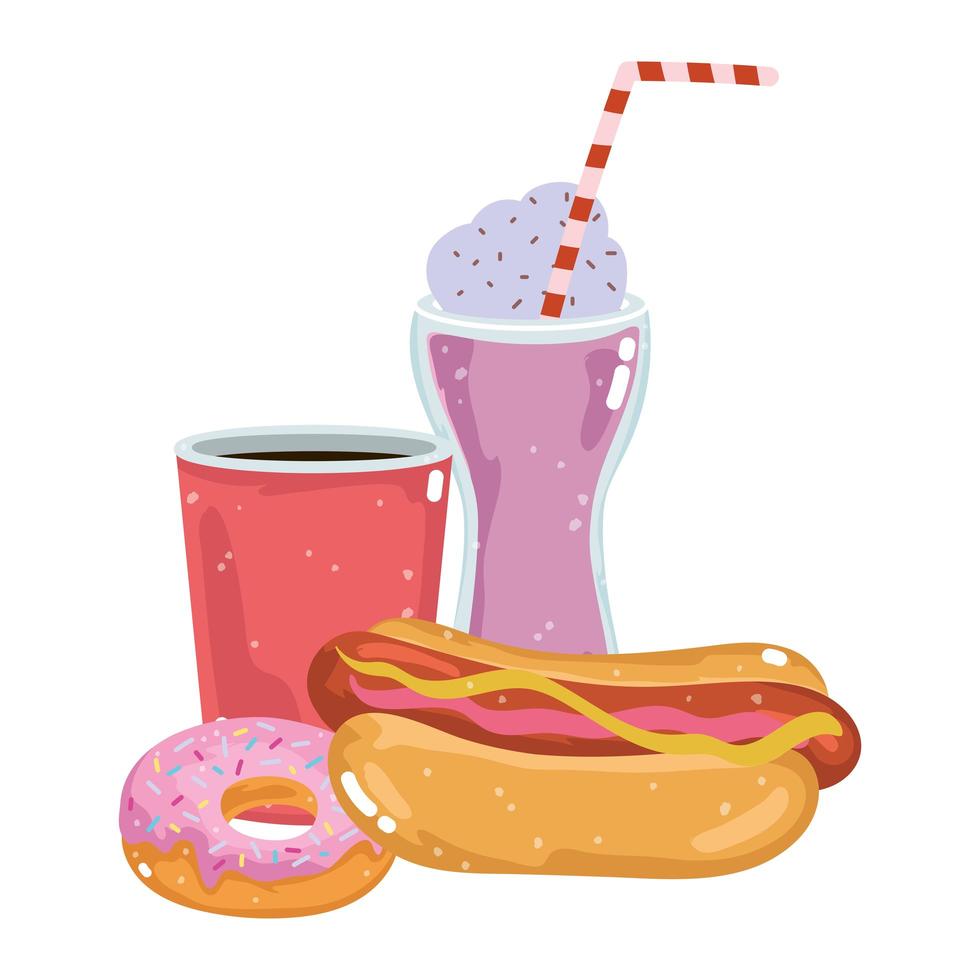 fast food menu restaurant unhealthy milkshake soda hotdog and donut vector