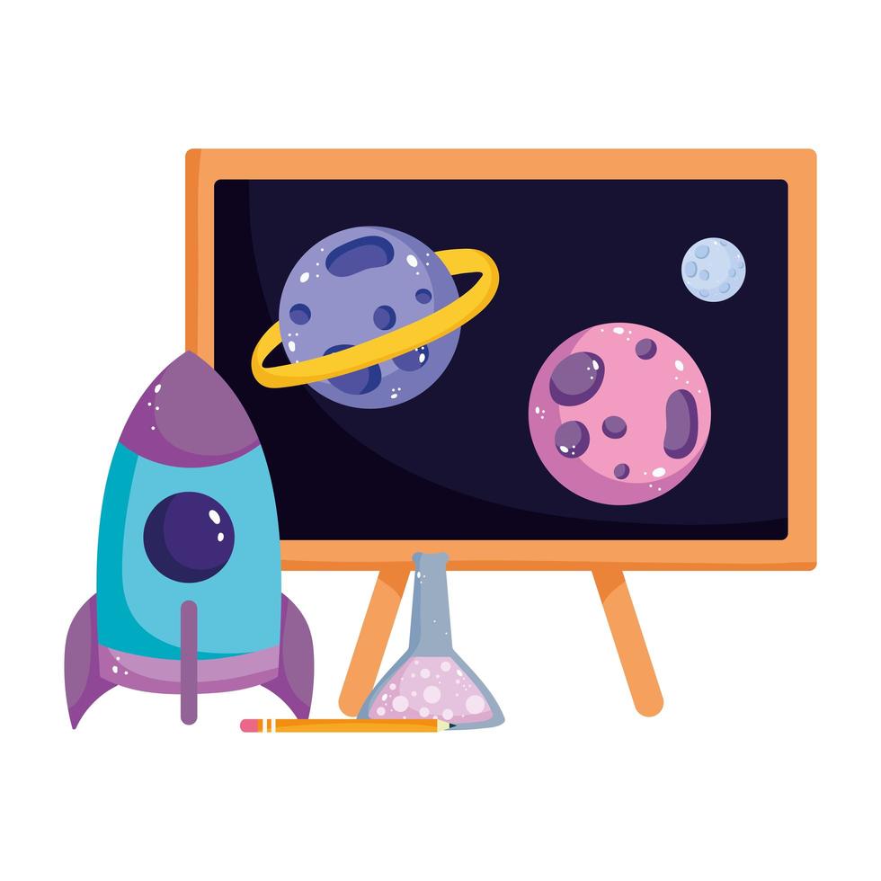 regreso a la escuela, planetas de ciencia de pizarra y dibujos animados de educación elemental de cohetes vector