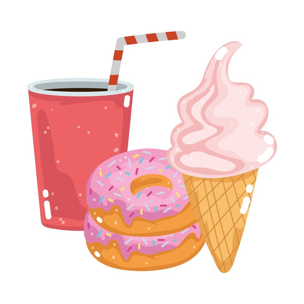 donut de soda de comida rápida y helado vector