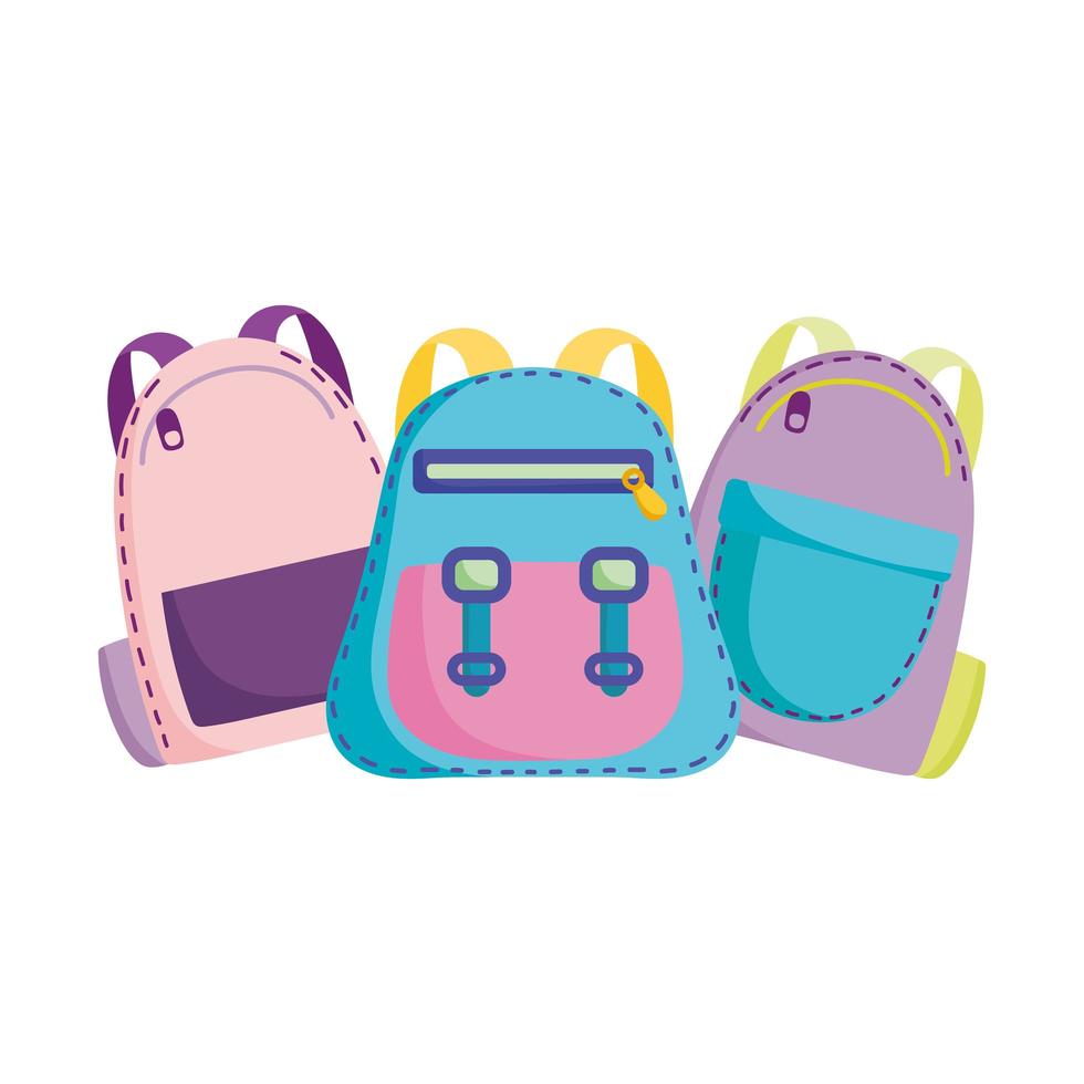 back to school, backpacks accessories supplies elementary education cartoon vector
