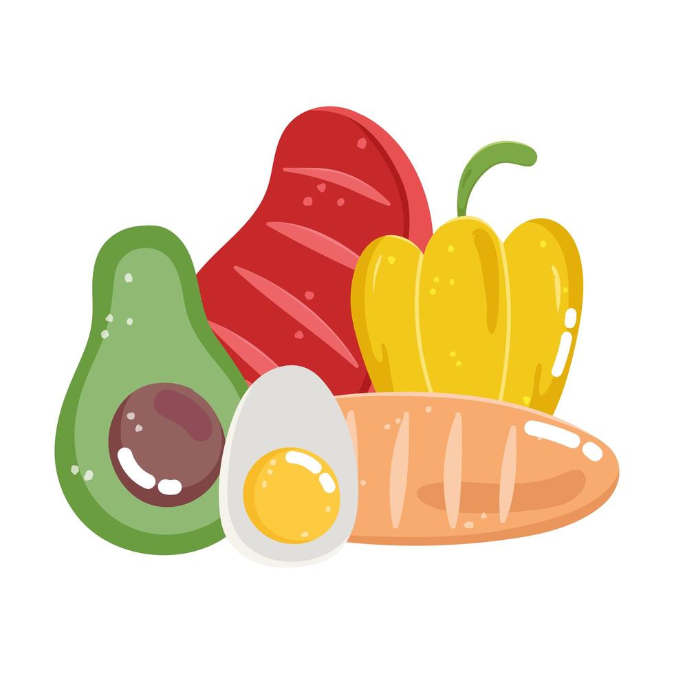 food dinner menu fresh boiled egg bread avocado beef and pepper vector