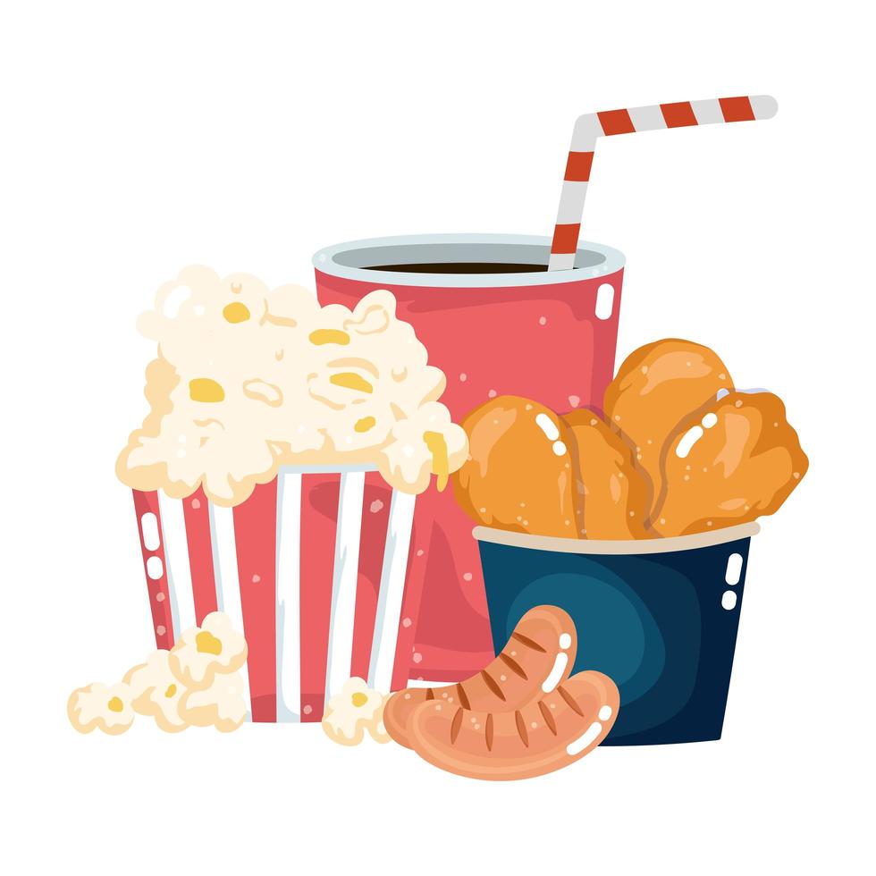 fast food menu restaurant unhealthy chicken popcorn sausages and soda vector