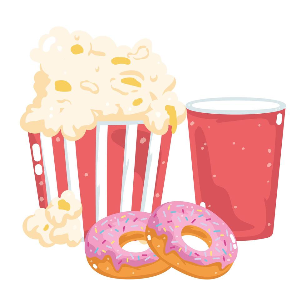 fast food menu restaurant unhealthy takeaway soda cup popcorn and donuts vector