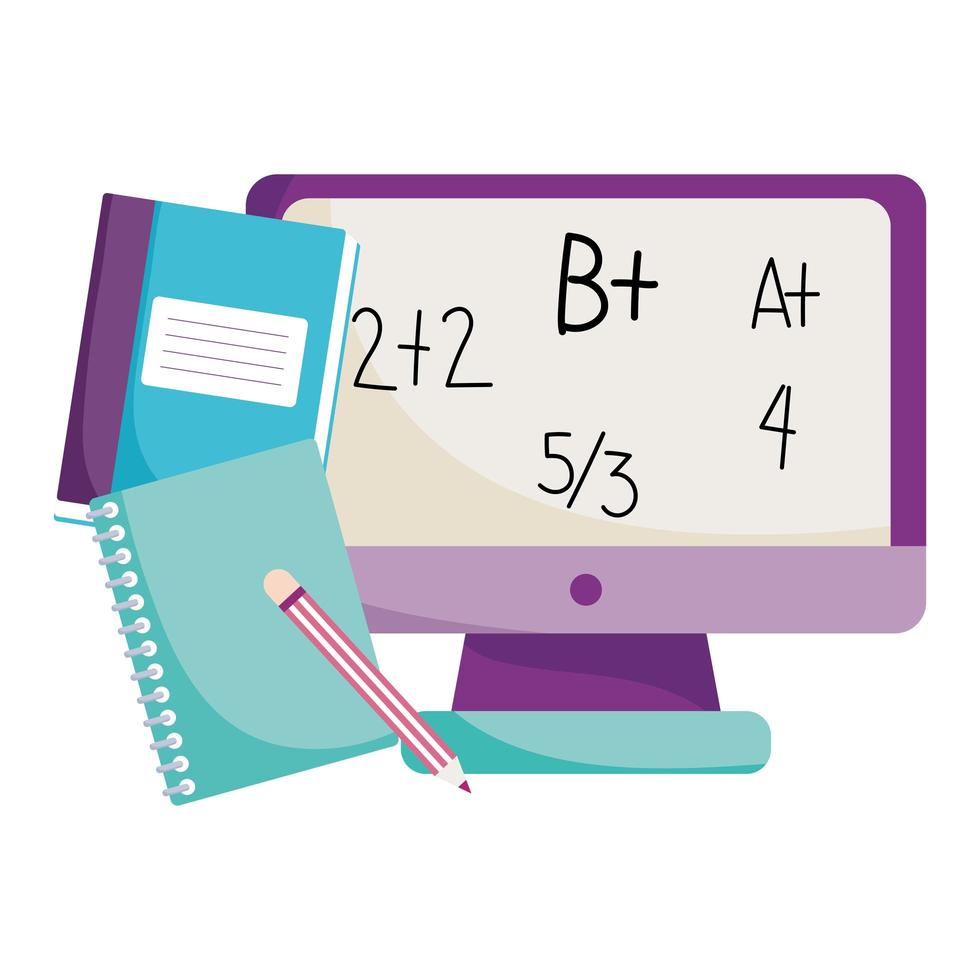 regreso a la escuela, libro de lecciones de matemáticas en computadora y lápiz, dibujos animados de educación primaria vector