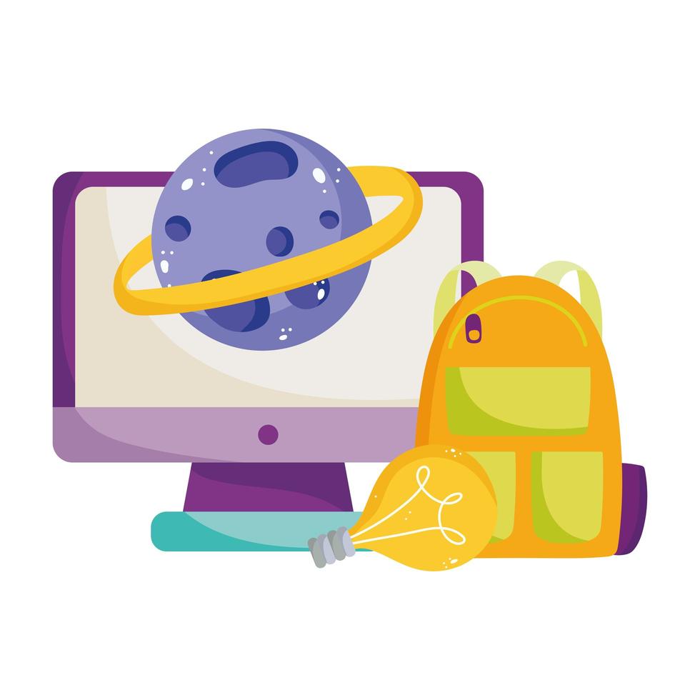 regreso a la escuela, mochila, computadora y planeta saturno, dibujos animados de educación elemental vector