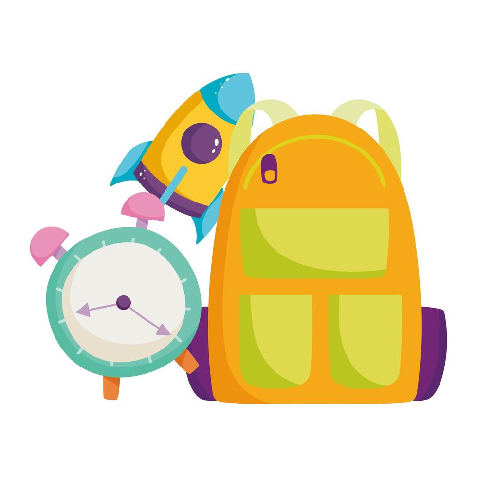 back to school, backpack clock and rocket elementary education cartoon vector