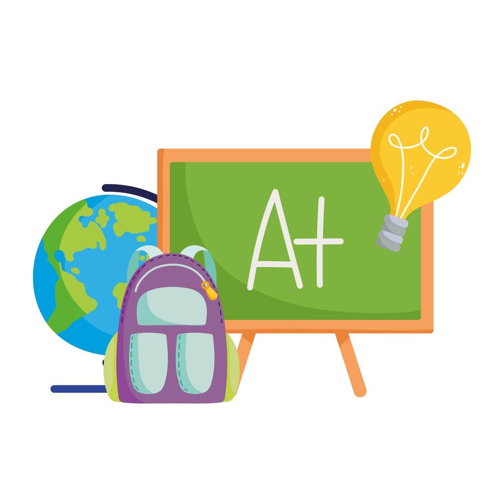 back to school, chalkboard backpack globe map elementary education cartoon vector