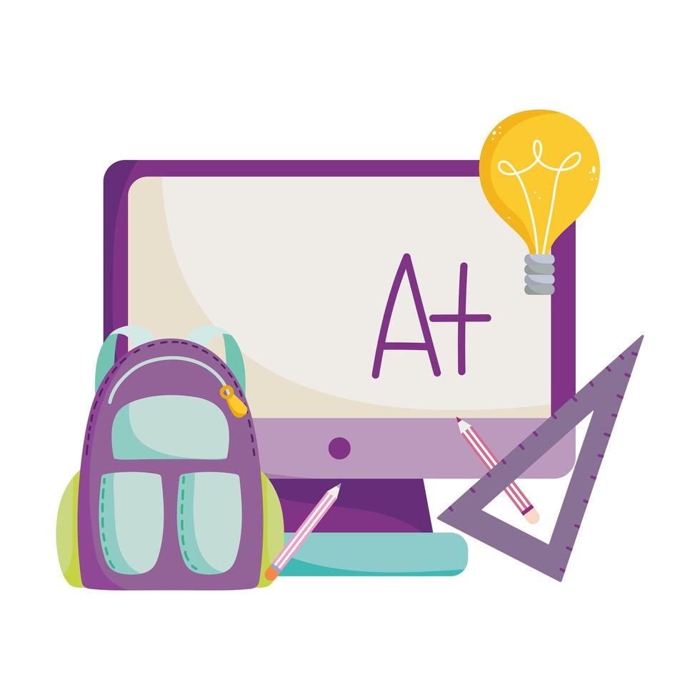 back to school, computer ruler and pencils backpack elementary education cartoon vector