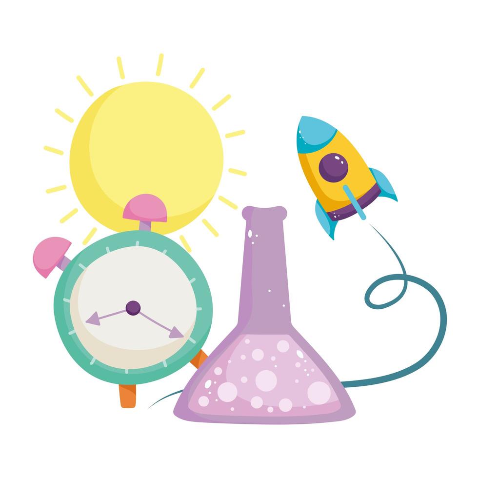 back to school, chemistry flask clock creativity elementary education cartoon vector