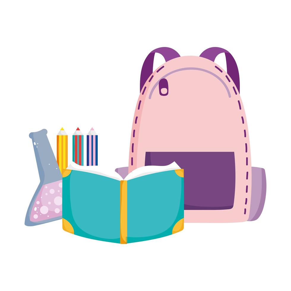 back to school, backpack book test tube and pencils elementary education cartoon vector